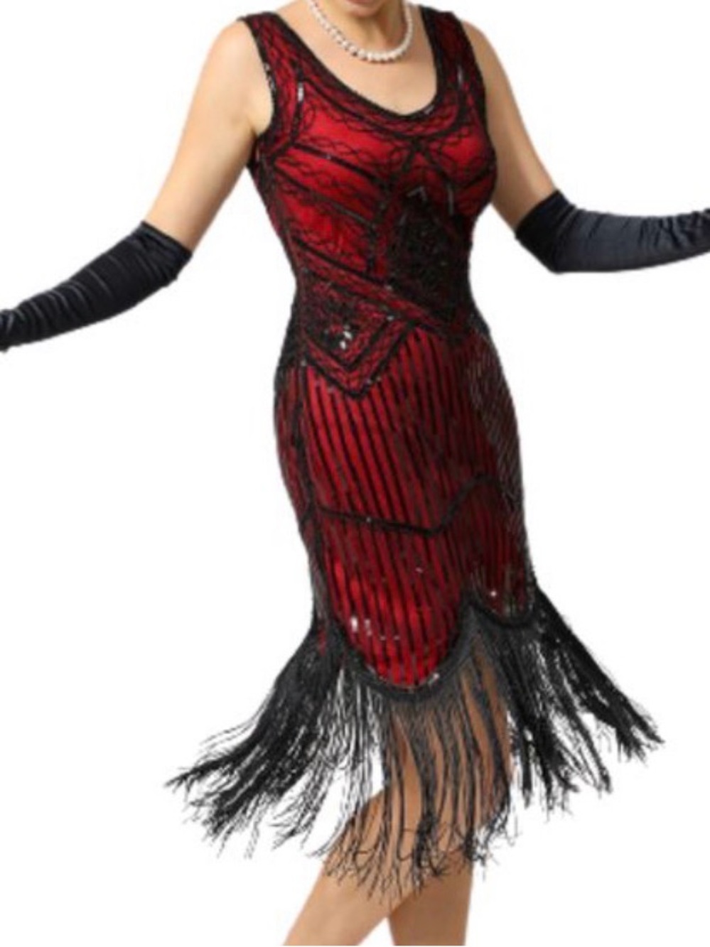 Costume Gatspy/ prom Red & Black Sequin Fringe Mini Dress Size Small